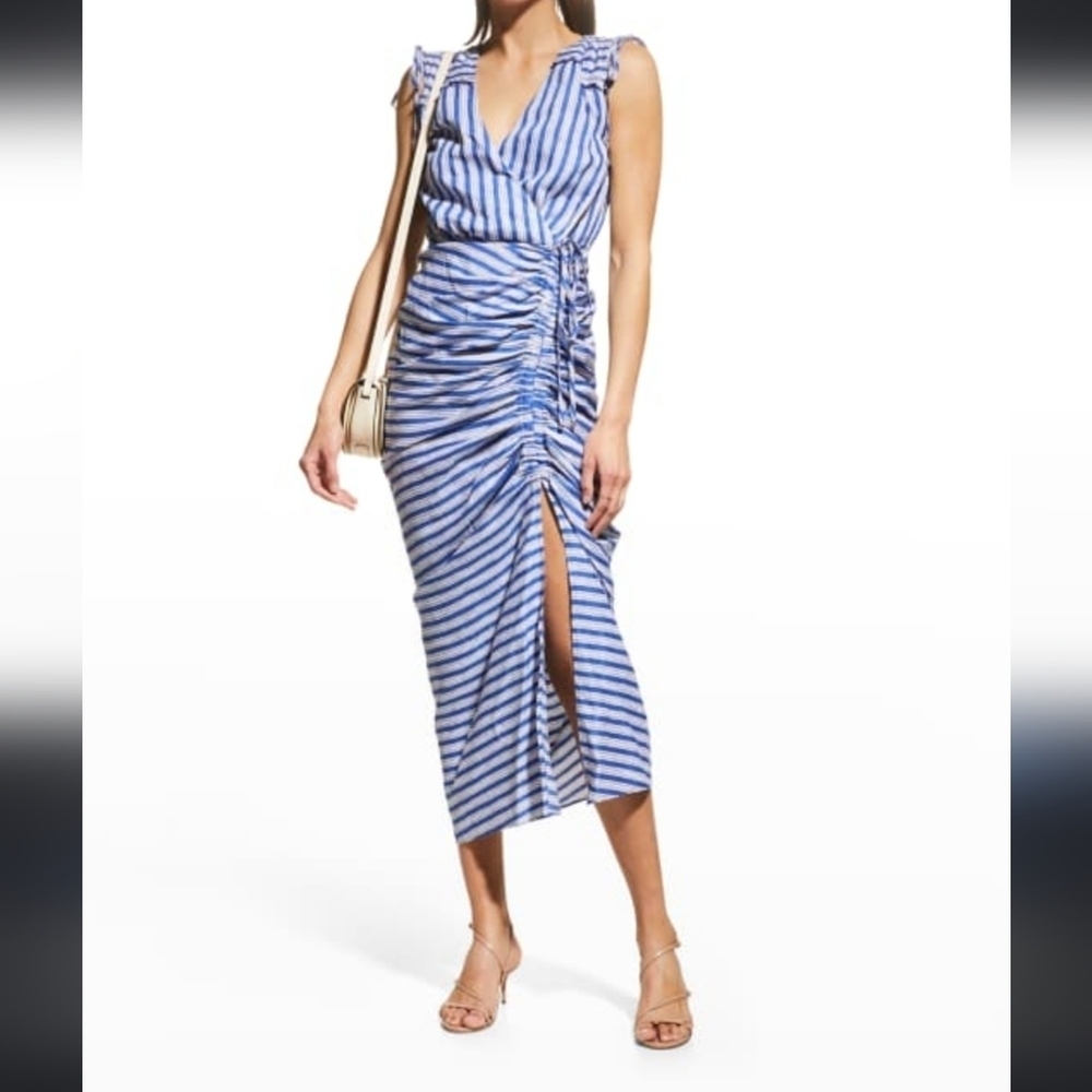 Veronica Beard Teagan Striped Midi Side Slit Ruched Linen Dress sz 4 Blue White